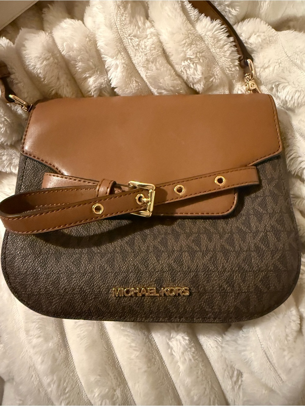 Michael Kors Brown and Tan Logo Crossbody Bag saddlebag type